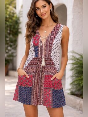 Entro Multicolor Patchwork Tank Mini Sleeveless SunDress Western Indie Summer Md